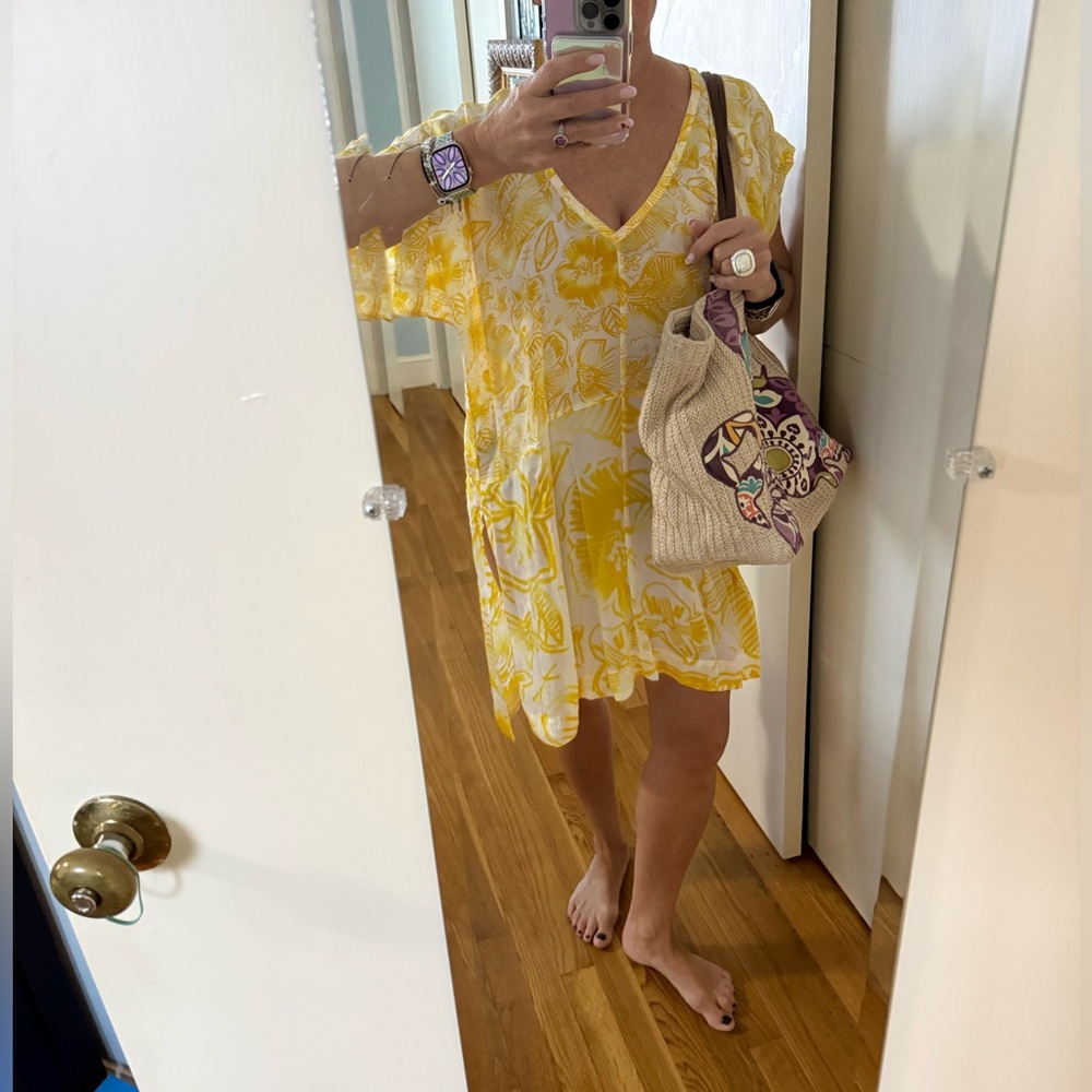 Anthropologie Lilka Nadyia Printed Caftan XS | Yellow Semi Sheer Beach Cover Up - Picture 5 of 15
